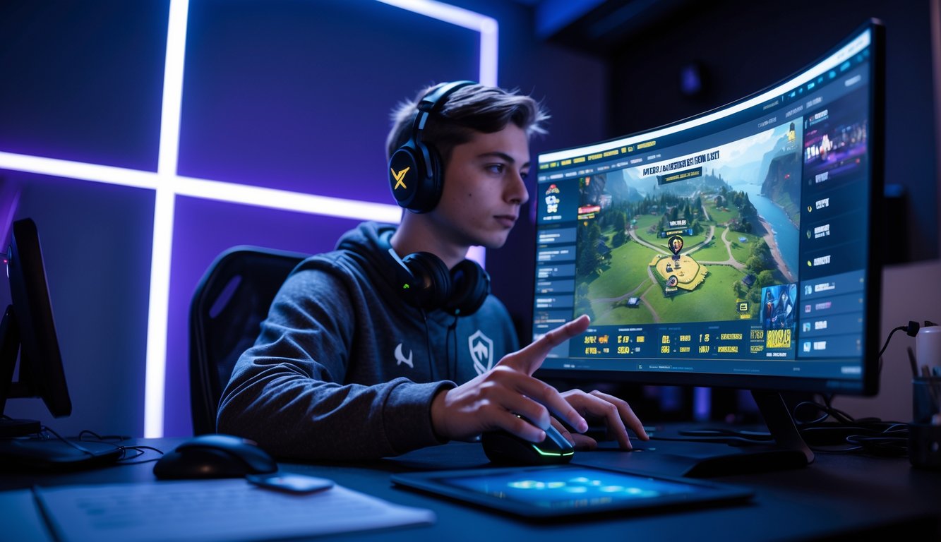 Seorang pemain duduk di depan monitor besar yang menampilkan peta dan ikon hero Dota 2, dengan suasana ruangan gelap dan lampu LED biru ungu di latar belakang.