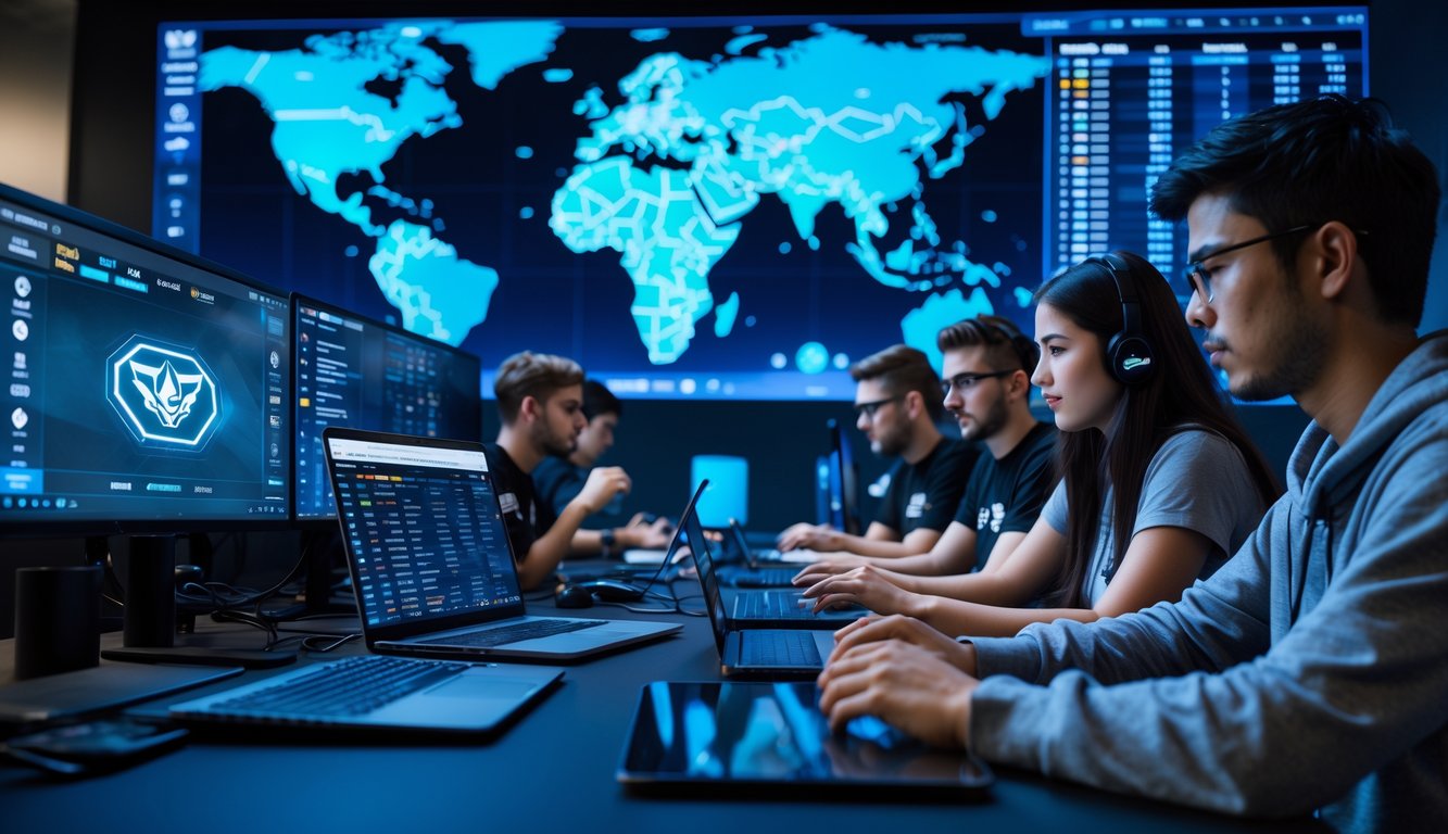 Sekelompok orang muda sedang fokus menggunakan komputer dan perangkat digital untuk menganalisis strategi taruhan Dota 2 dalam suasana turnamen internasional.