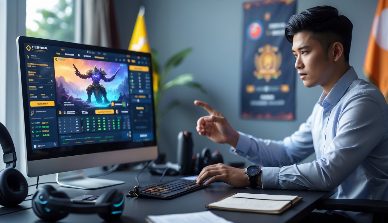 Seorang dewasa muda sedang menggunakan komputer dengan tampilan permainan Dota 2 dan data taruhan di meja kerja yang dilengkapi dengan headset dan ponsel, dengan dekorasi kecil yang menunjukkan suasana Indonesia.