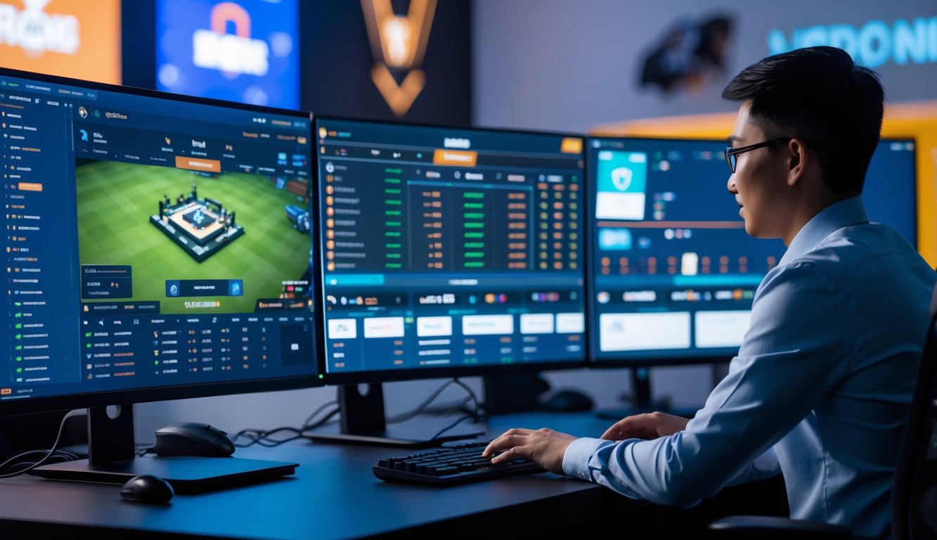 Seseorang sedang menggunakan komputer dengan layar yang menampilkan permainan Dota 2 dan data taruhan esports.