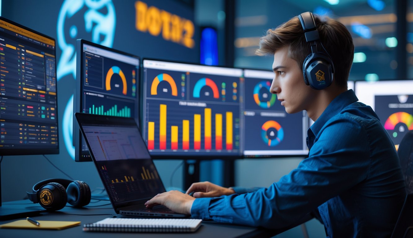 Seorang pria muda duduk di meja modern sambil menganalisis data statistik tim Dota 2 pada beberapa layar komputer.