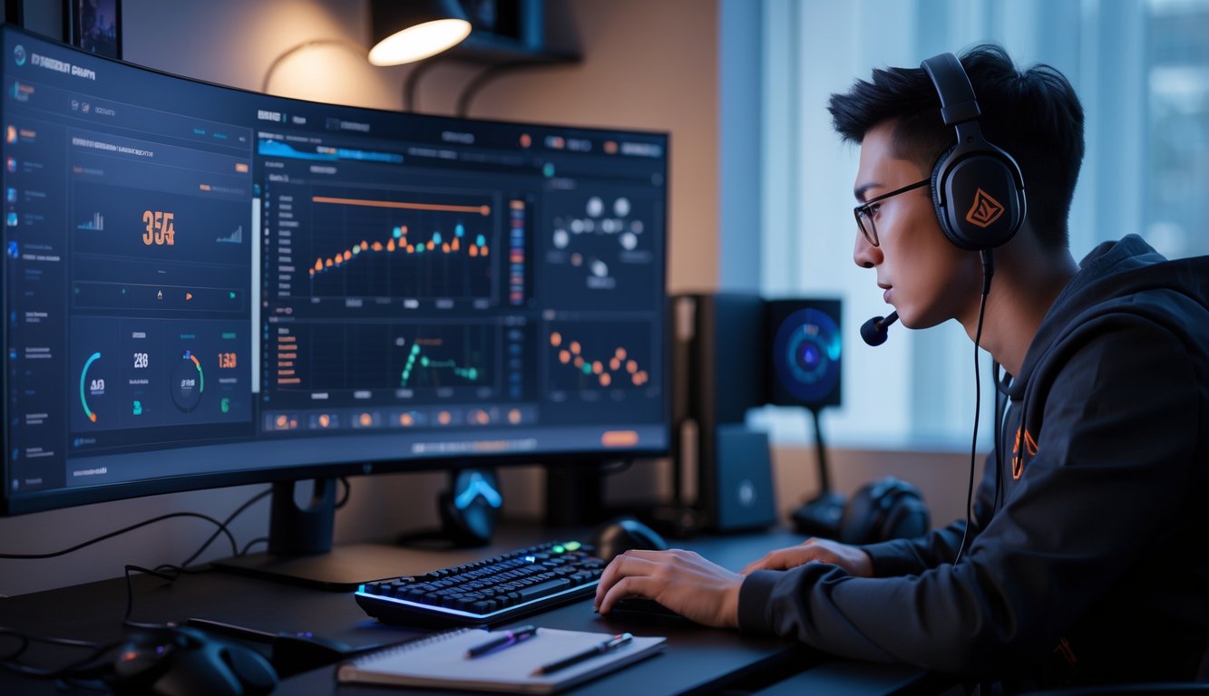 Seorang pria duduk di depan komputer dengan grafik statistik Dota 2 di layar, menganalisis data taruhan dengan serius di ruang kerja modern.