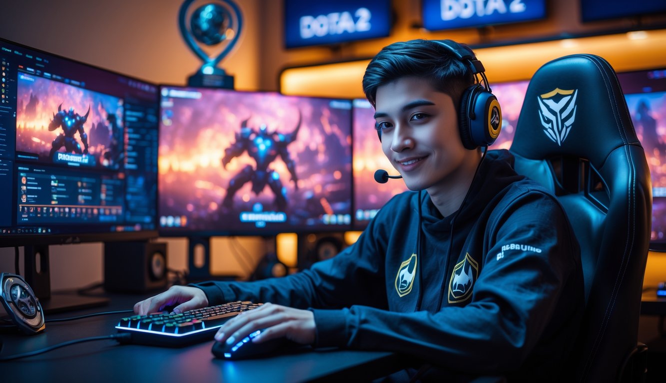 Seorang gamer muda duduk di depan komputer dengan layar menampilkan permainan Dota 2, dikelilingi oleh perlengkapan gaming dan pencahayaan LED.