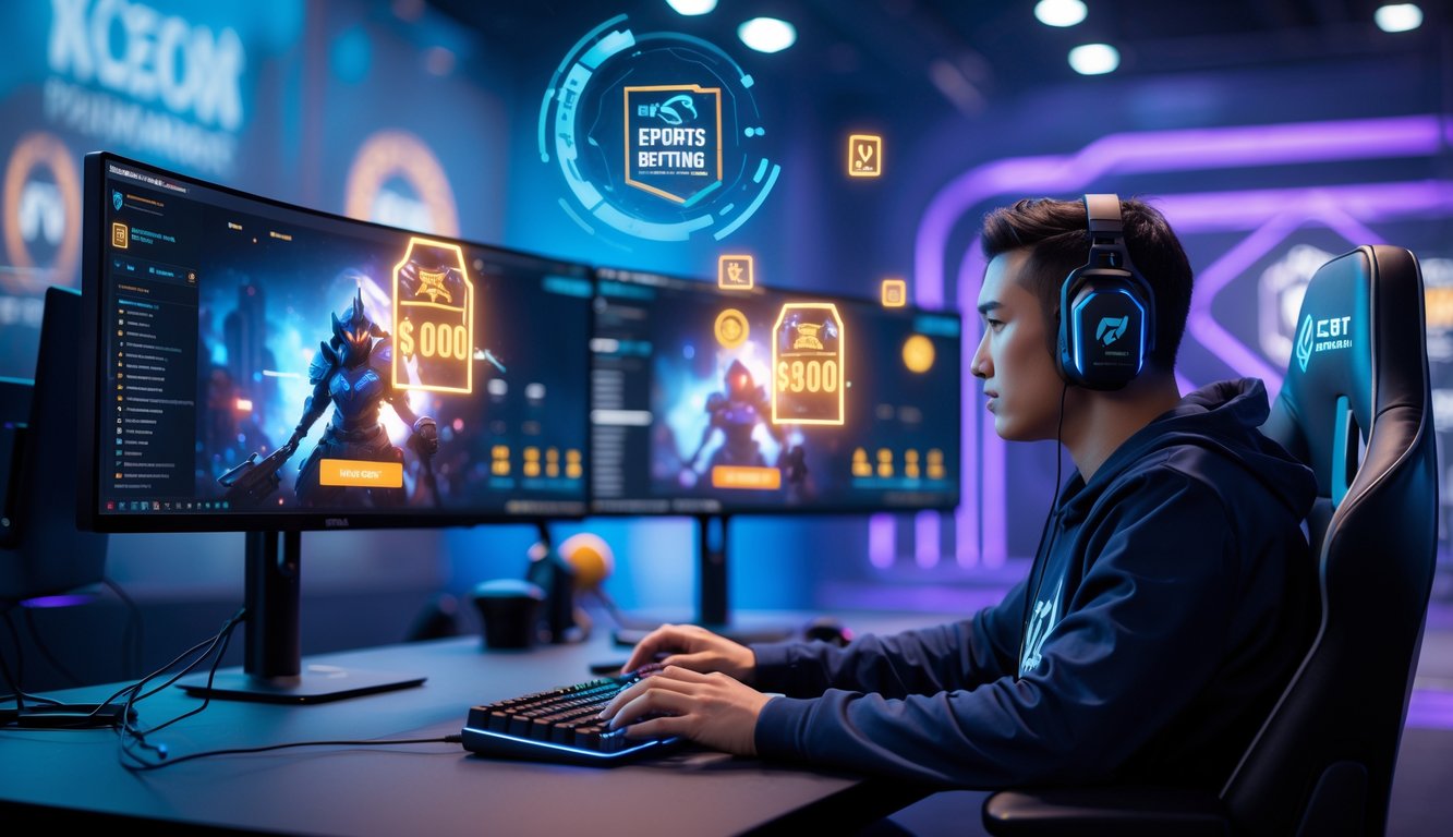 Seorang gamer muda duduk di depan komputer dengan layar menampilkan permainan Dota 2, dikelilingi oleh elemen digital yang melambangkan promosi dan bonus taruhan esports.