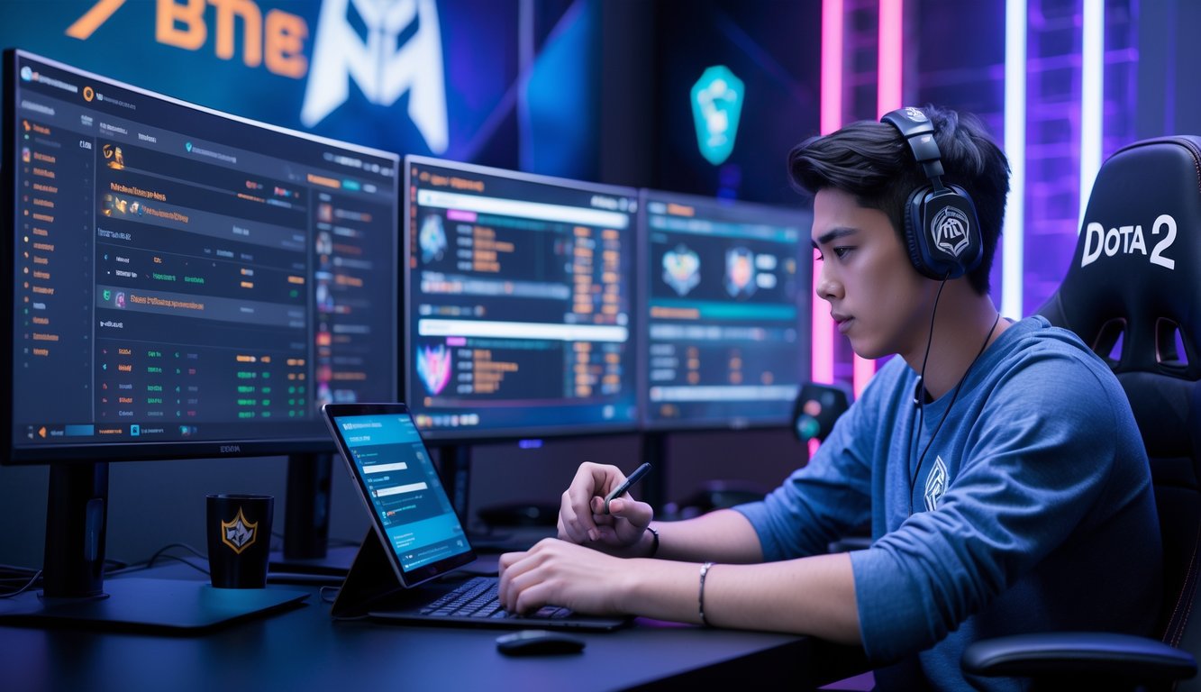 Seorang analis esports sedang melihat layar komputer dengan data pertandingan Dota 2 di sebuah meja gaming modern.