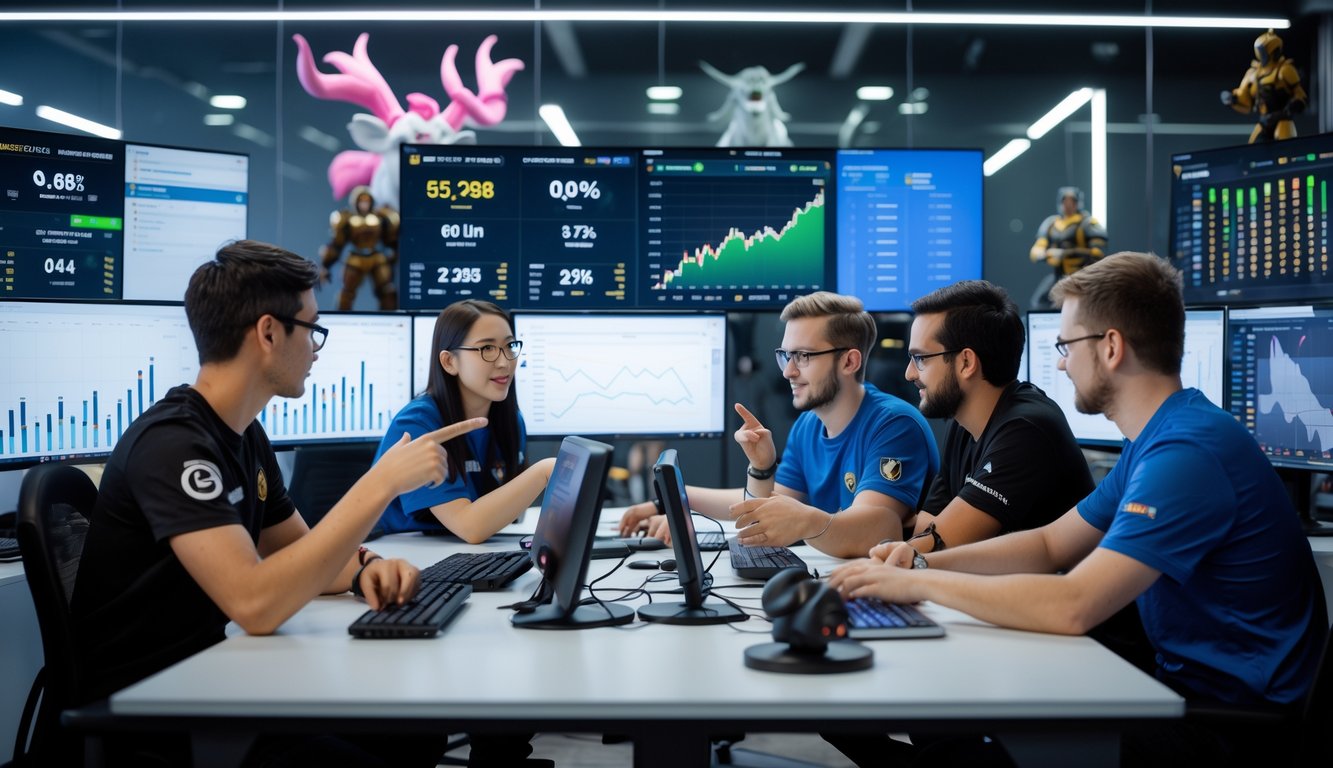 Beberapa analis esports sedang berdiskusi di depan beberapa monitor yang menampilkan statistik dan prediksi pertandingan Dota 2.