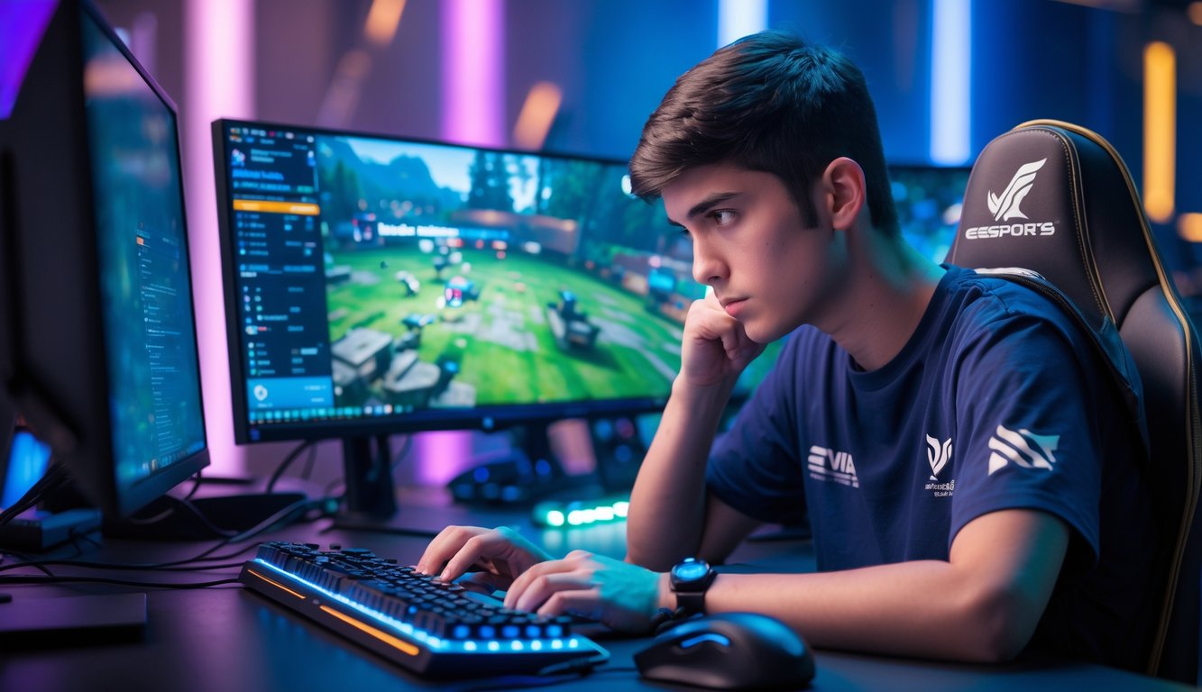 Seorang pria muda serius menatap layar komputer yang menampilkan pertandingan Dota 2 di dalam ruangan gaming modern dengan pencahayaan LED.