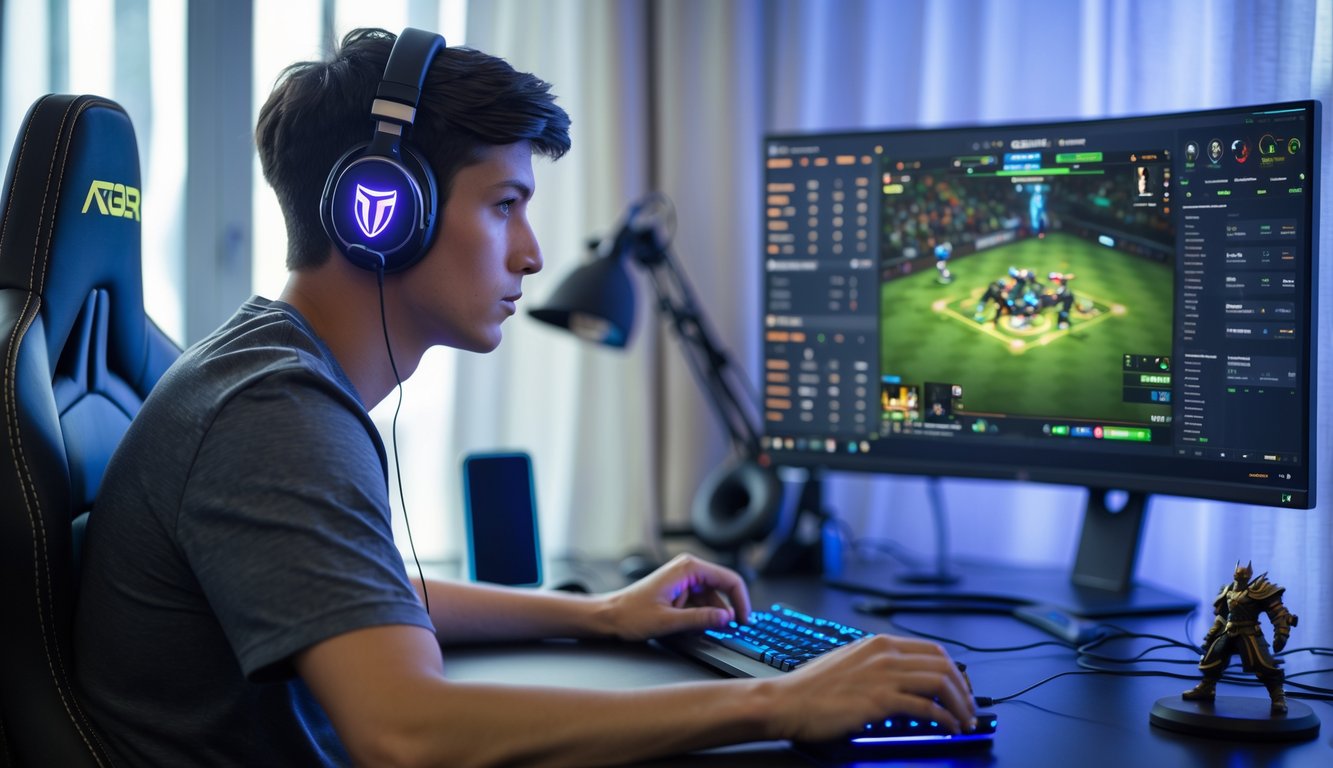 Seorang pria muda duduk di meja dengan komputer yang menampilkan pertandingan esports Dota 2, fokus dan serius dalam aktivitas taruhan.