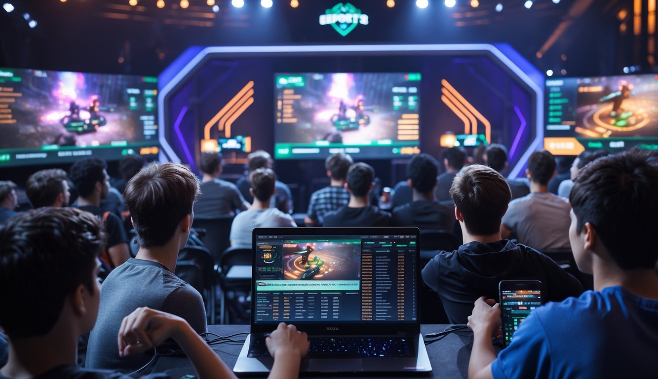 Sekelompok orang muda sedang menonton pertandingan Dota 2 secara langsung sambil menggunakan perangkat elektronik untuk taruhan langsung.