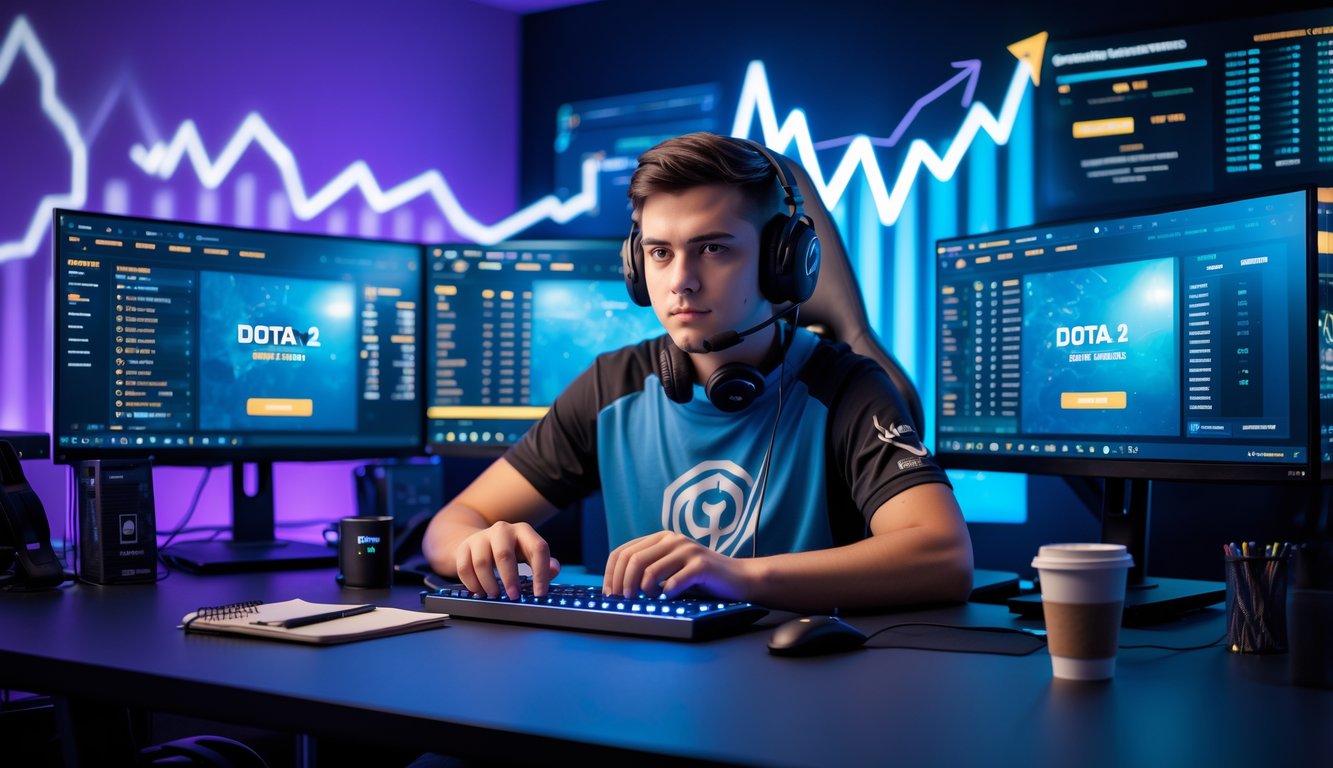 Seorang gamer muda sedang bermain Dota 2 di depan beberapa monitor dengan suasana ruangan berlampu biru dan ungu, menampilkan fokus dan konsentrasi.