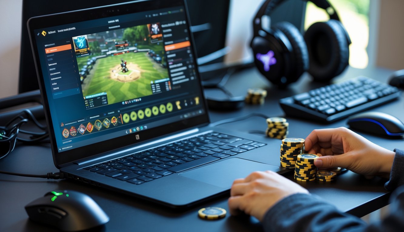Seseorang sedang memasang taruhan kecil pada pertandingan Dota 2 di laptop dengan perlengkapan gaming di meja.