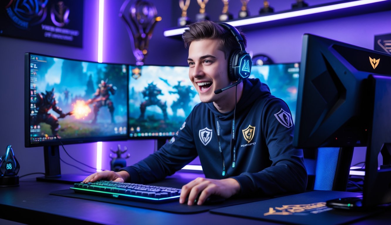 Seorang pria muda sedang bermain game Dota 2 di depan beberapa monitor dalam ruangan gaming yang terang dengan pencahayaan biru dan ungu.