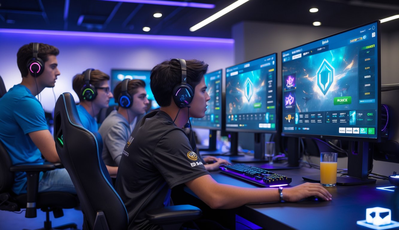 Sekelompok orang muda bermain dan bertaruh pada permainan Dota 2 di sebuah ruang game modern dengan monitor dan perlengkapan gaming.