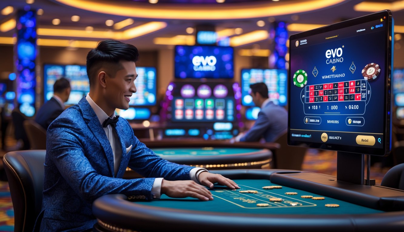 Seorang pria muda Indonesia duduk di meja kasino modern dengan layar digital yang menampilkan permainan kasino langsung, berinteraksi dengan dealer kasino secara virtual.