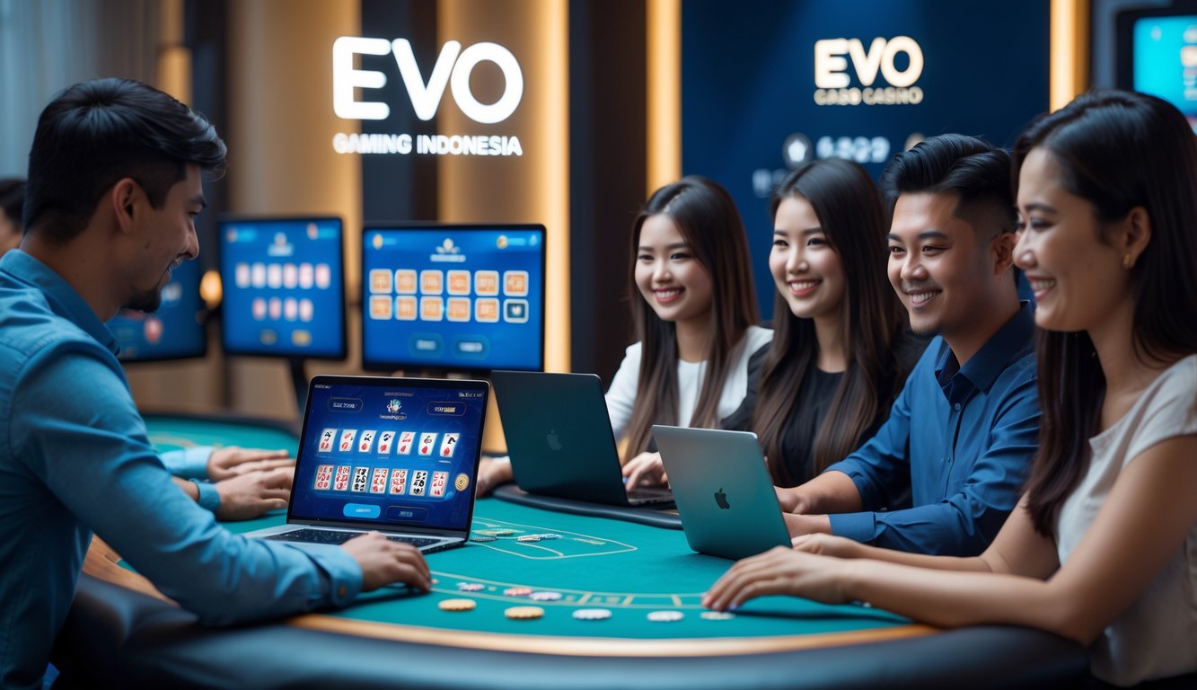 Orang-orang muda bermain permainan kasino langsung di meja kasino modern dengan perangkat digital.