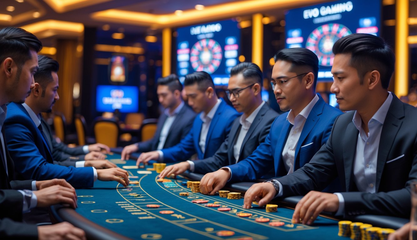 Beberapa pria sedang bermain di meja kasino langsung dengan suasana mewah dan pencahayaan warna-warni.