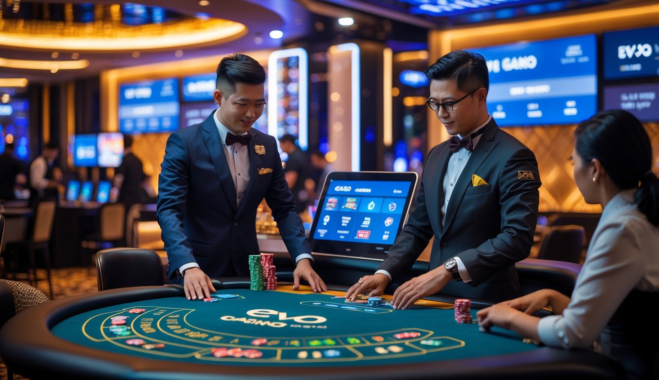 Seorang dealer profesional mengelola meja permainan kartu langsung di kasino dengan pemain yang fokus dan layar digital di latar belakang.