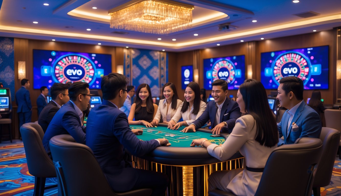 Orang-orang menikmati permainan kasino langsung di meja permainan modern dengan suasana cerah dan dekorasi bernuansa Indonesia.