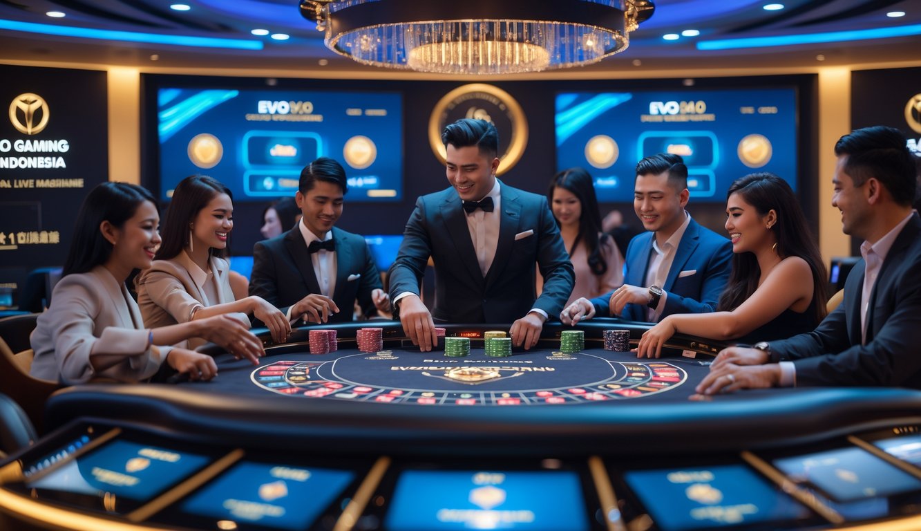 Suasana kasino langsung dengan pemain dan dealer yang sedang bermain di meja kasino modern.