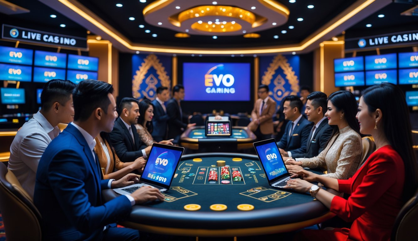 Orang-orang bermain permainan kasino langsung di sebuah studio kasino modern dengan perangkat digital di Indonesia.