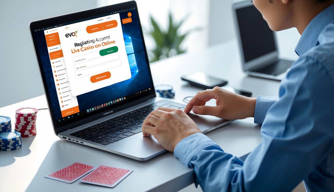 Seseorang sedang mendaftar akun di platform live casino Evo Gaming Indonesia menggunakan laptop di meja kerja yang rapi.