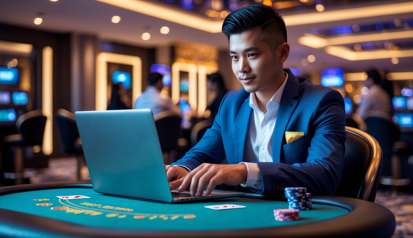 Seorang pria muda Indonesia duduk di meja kasino langsung dengan laptop, fokus bermain dan strategis dalam permainan kasino.