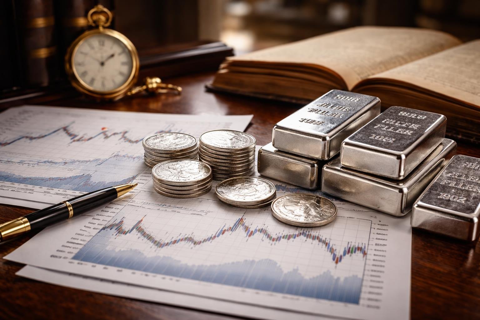 Close-up of silver coins and bars on a desk with financial charts and a vintage pocket watch, suggesting analysis of silver's value.