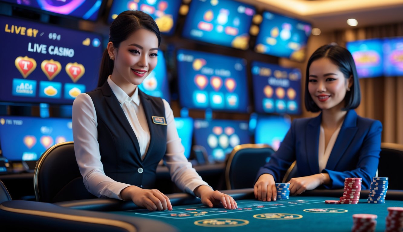 Seorang dealer wanita profesional di meja kasino langsung dengan layar permainan di latar belakang, suasana kasino yang cerah dan menarik.