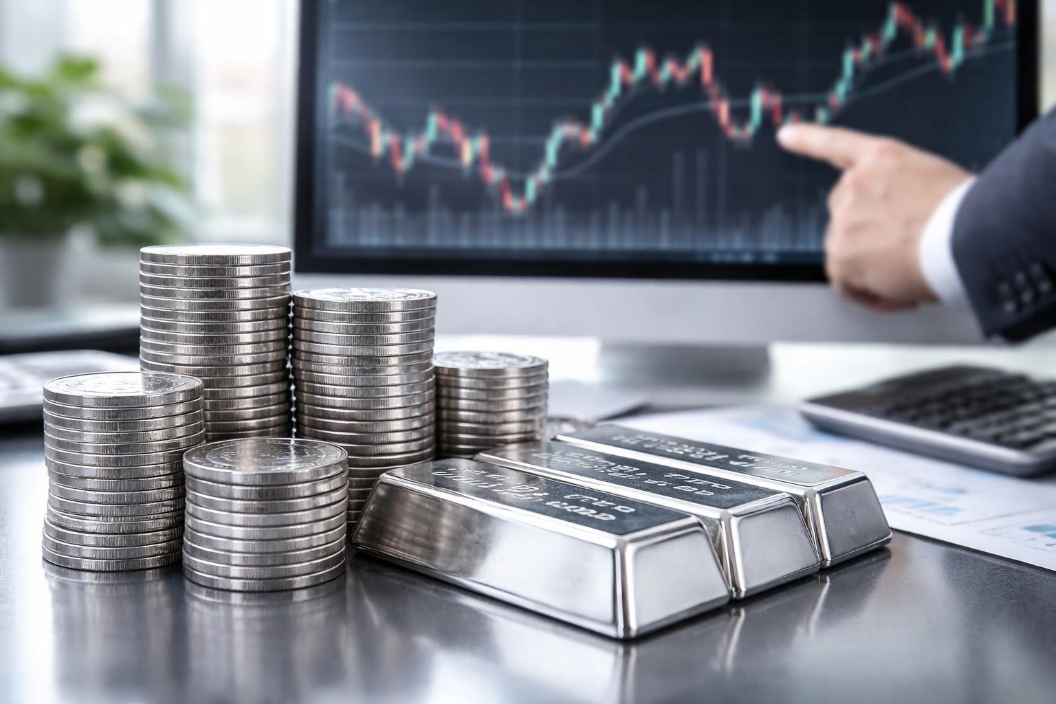 Close-up of silver coins and bars with a blurred financial chart and a hand pointing at it in an office setting.