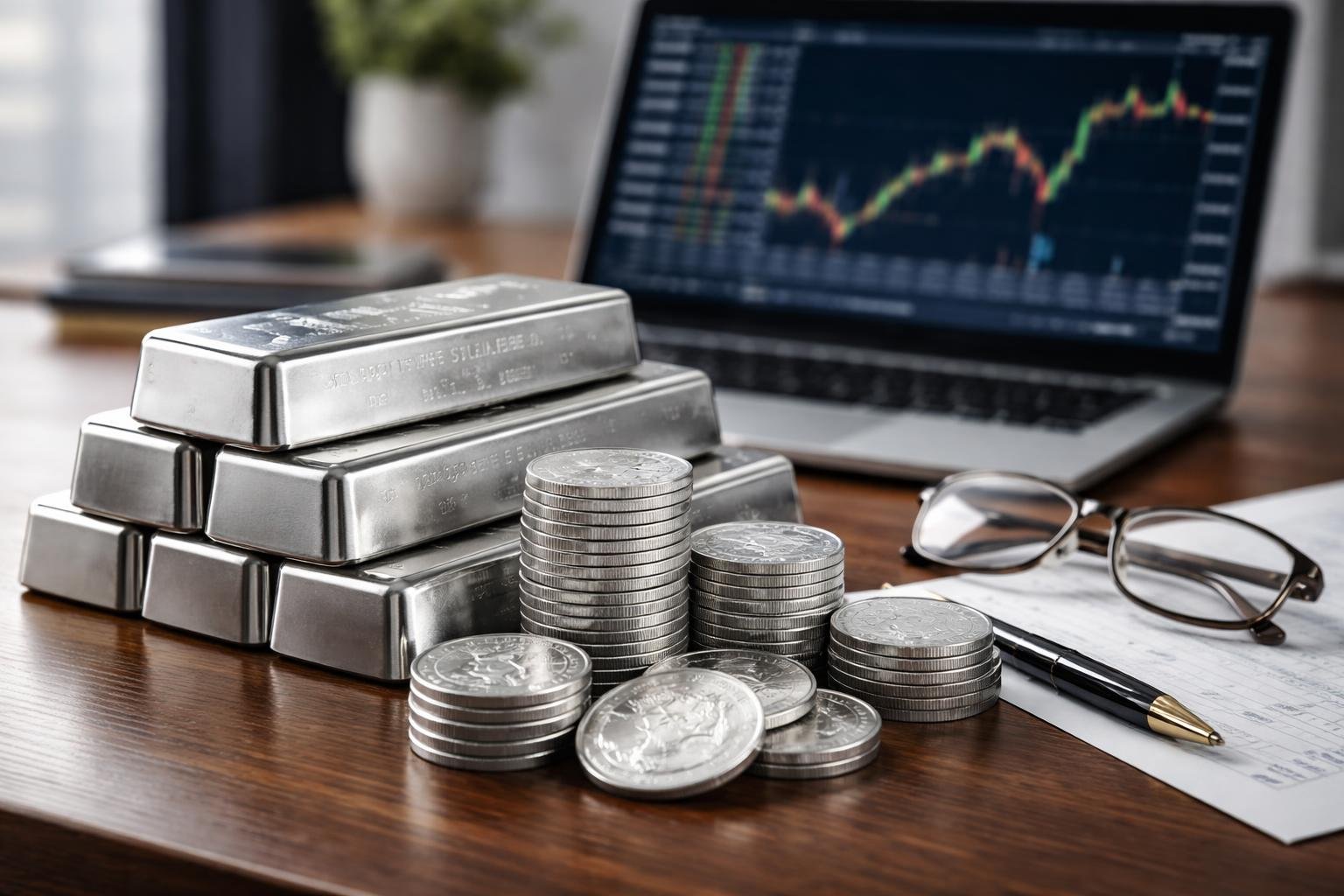 Close-up of silver bars and coins on a desk with a blurred laptop showing financial charts in the background.