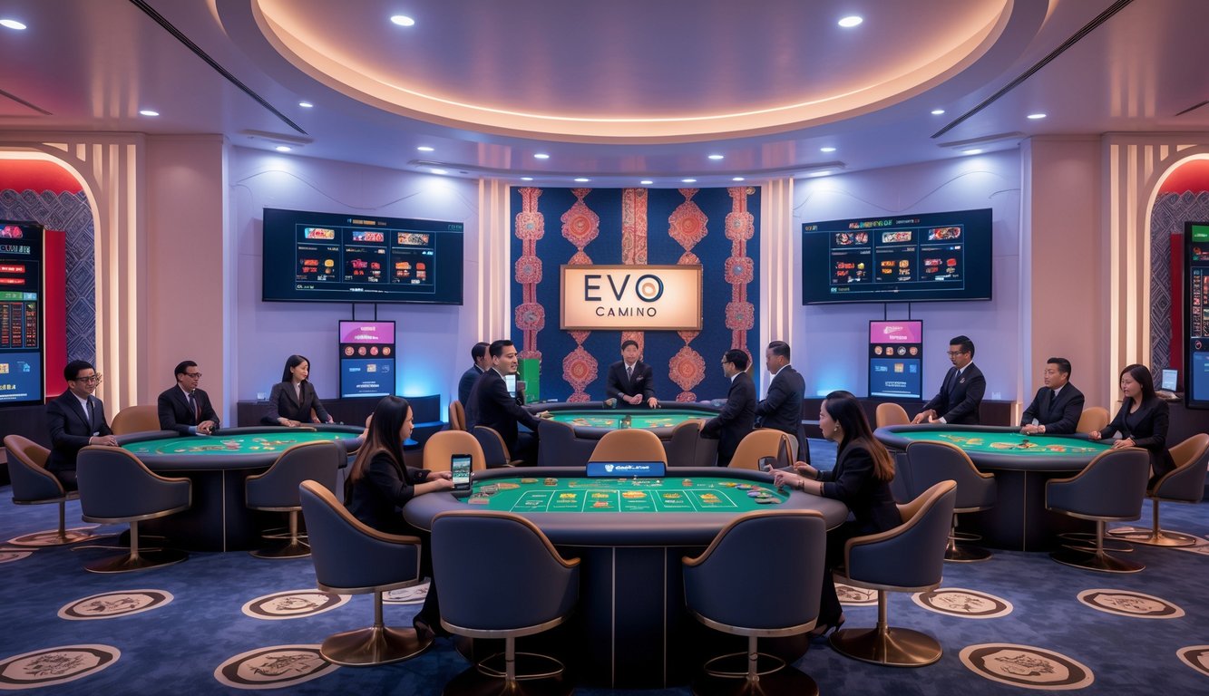 Suasana kasino langsung yang modern dengan dealer profesional dan pemain yang menikmati permainan kartu di lingkungan berteknologi tinggi dengan sentuhan elemen budaya Indonesia.