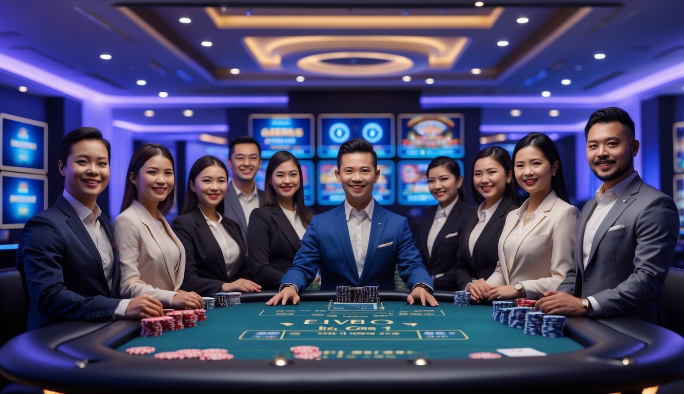 Suasana kasino langsung dengan pemain dan dealer di meja permainan yang modern dan profesional.