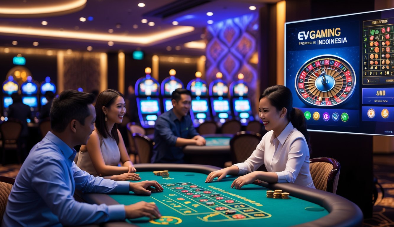 Suasana kasino langsung dengan pemain Indonesia yang sedang bermain di meja permainan digital yang modern dan berwarna-warni.