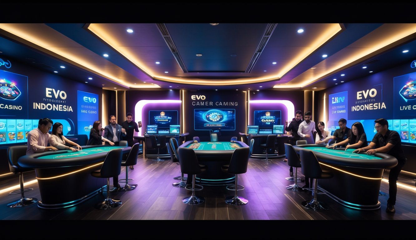 Suasana kasino langsung dengan meja permainan, dealer digital, dan pemain yang menikmati permainan kasino secara interaktif.