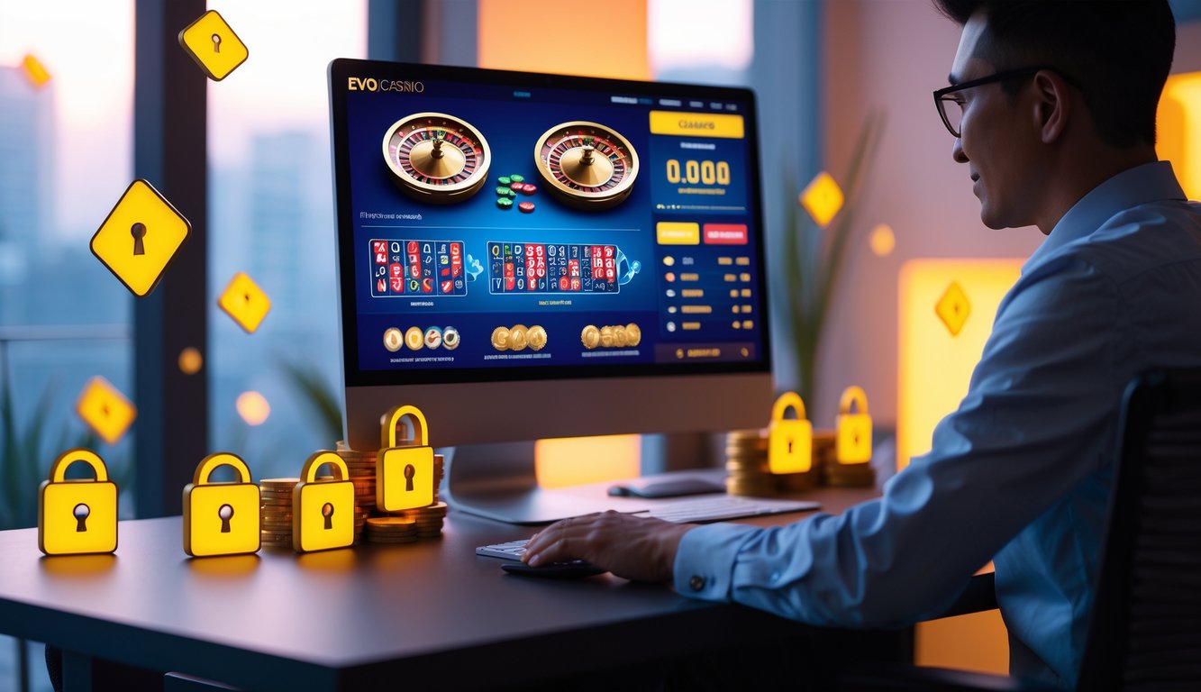 Suasana ruang kerja modern dengan komputer menampilkan permainan kasino langsung, simbol bonus dan keamanan di latar belakang.