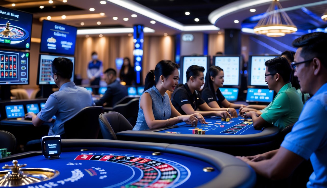 Sekelompok pemain sedang bermain game kasino langsung di sebuah ruangan kasino modern dengan layar digital dan pencahayaan yang menarik.