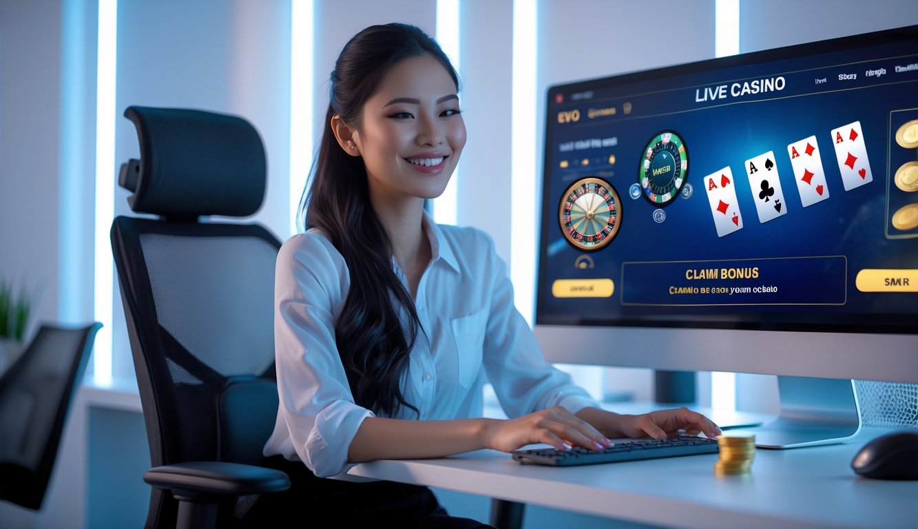 Seorang wanita muda Indonesia duduk di depan komputer dengan antusias bermain kasino langsung dan klaim bonus.