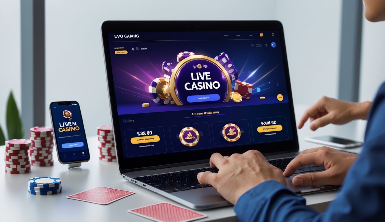 Seseorang menggunakan komputer dengan tampilan permainan kasino langsung di layar, dikelilingi aksesori permainan kasino seperti chip dan kartu.