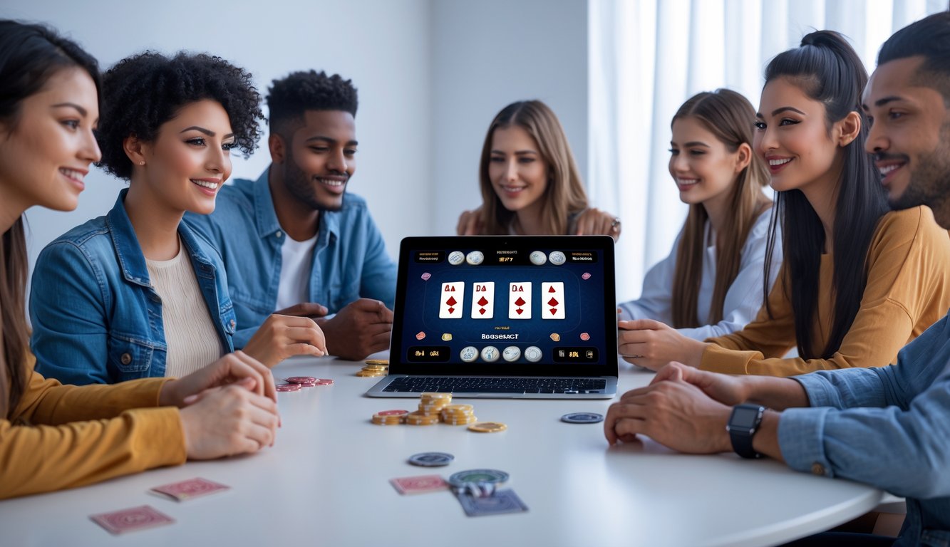 Beberapa orang muda sedang bermain baccarat online di depan laptop di ruang yang terang dan rapi.