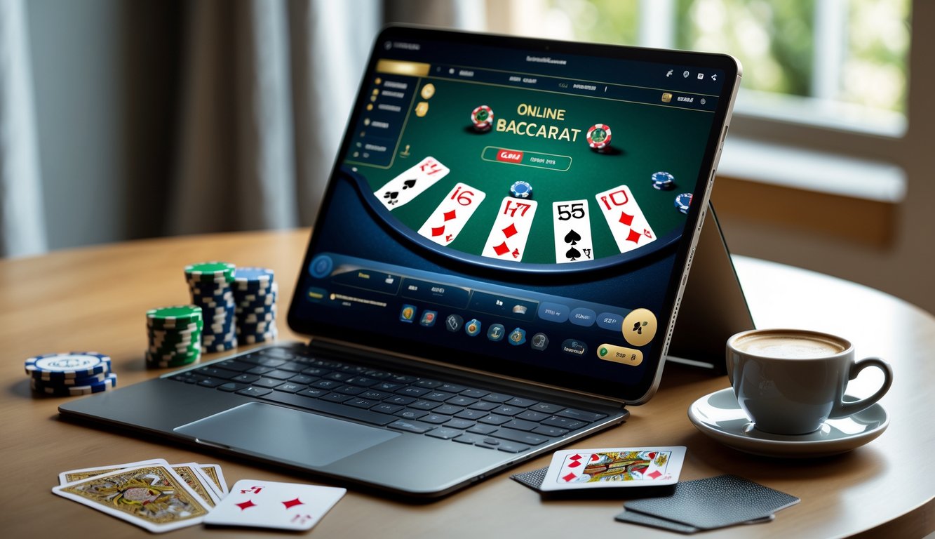 Sebuah meja dengan laptop menampilkan permainan baccarat online, dikelilingi chip poker dan kartu remi, dengan secangkir kopi di sampingnya.