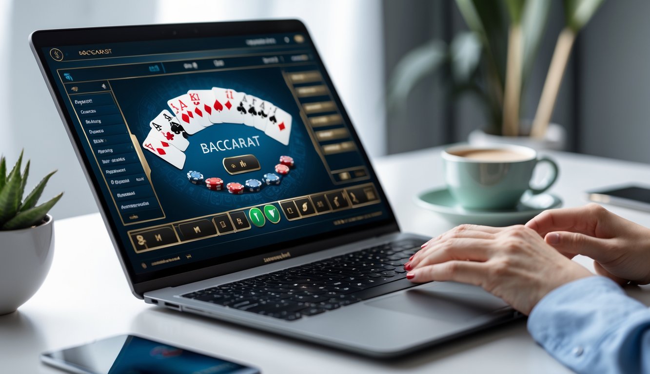 Seseorang bermain permainan baccarat online di laptop dengan tumpukan chip dan kartu terlihat di layar.