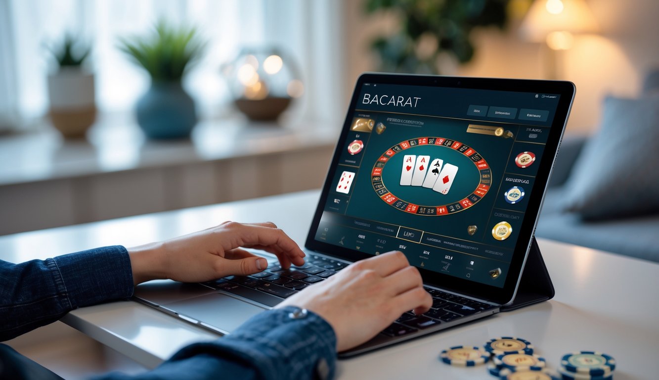 Seseorang menggunakan laptop untuk bermain baccarat online di meja yang rapi dengan suasana ruangan yang nyaman.