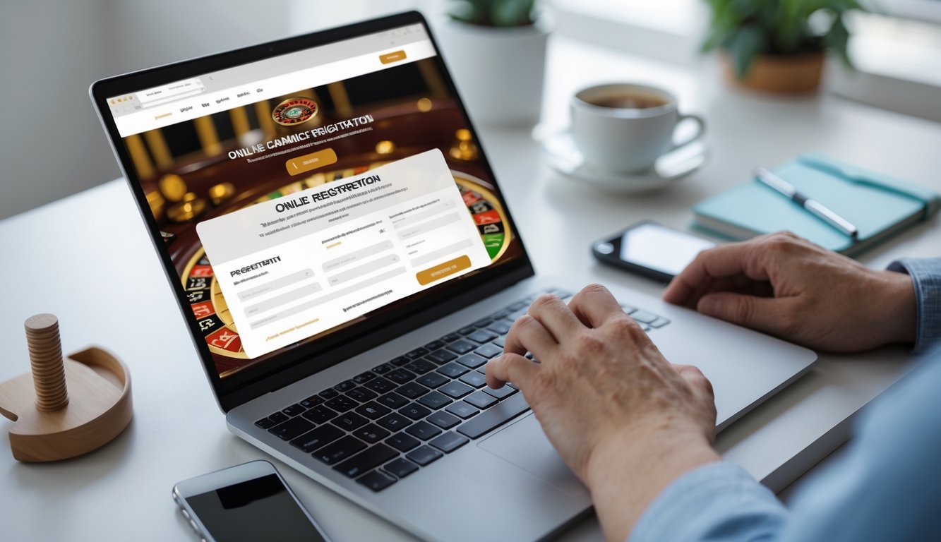 Seseorang mengetik di laptop di meja kerja dengan aksesori seperti smartphone dan cangkir kopi, menunjukkan proses pendaftaran baccarat online.