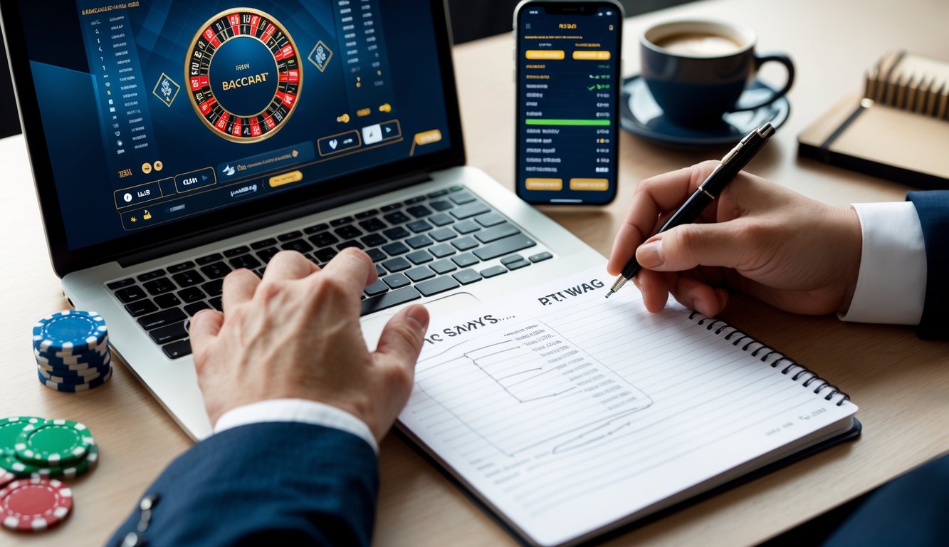 Seorang pria menggunakan laptop dan smartphone untuk bermain baccarat online dengan catatan strategi di meja kerja.