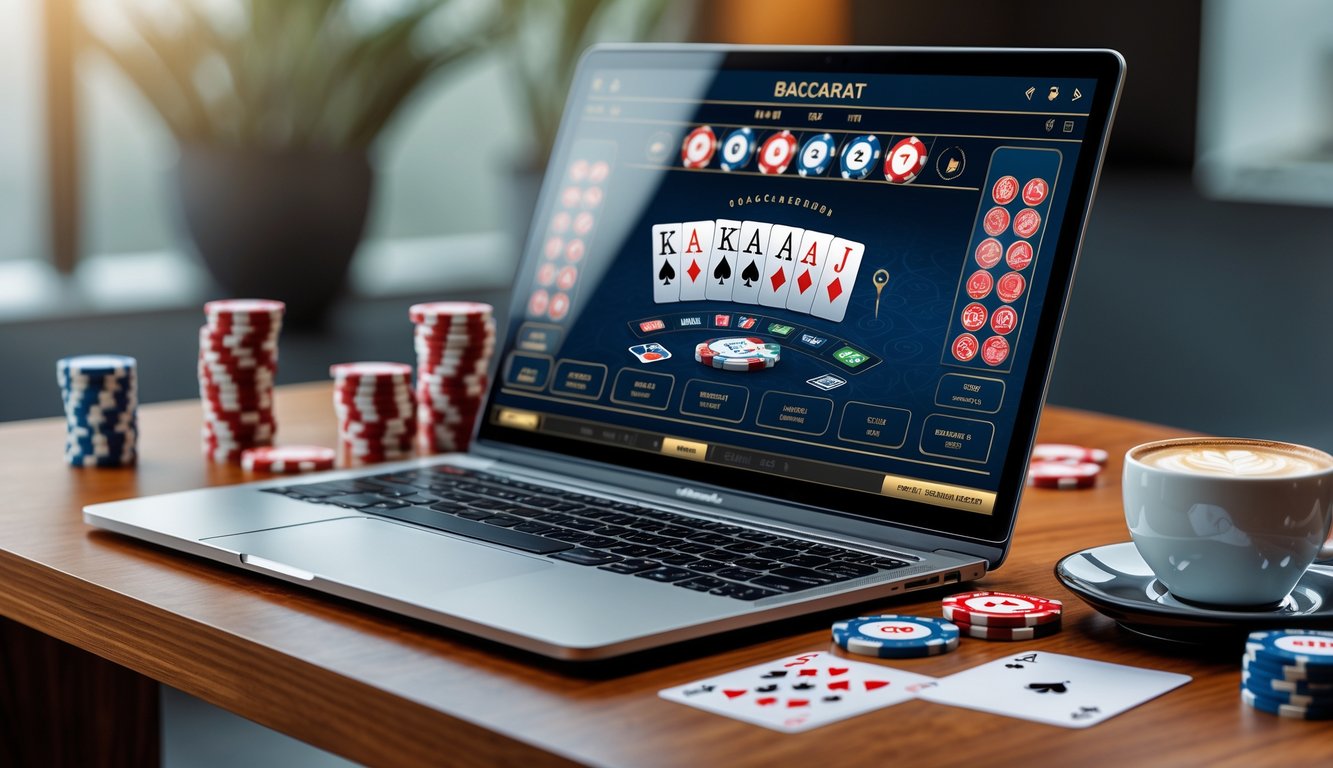 Seorang pemain menggunakan laptop dengan permainan baccarat online di layar, dikelilingi oleh chip kasino dan kartu remi di atas meja kayu.