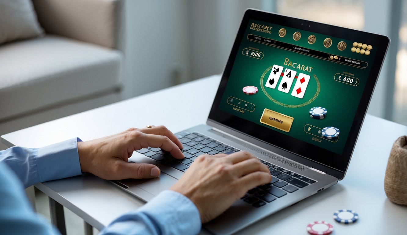 Seseorang sedang menggunakan laptop untuk bermain baccarat online di lingkungan yang nyaman dan aman.