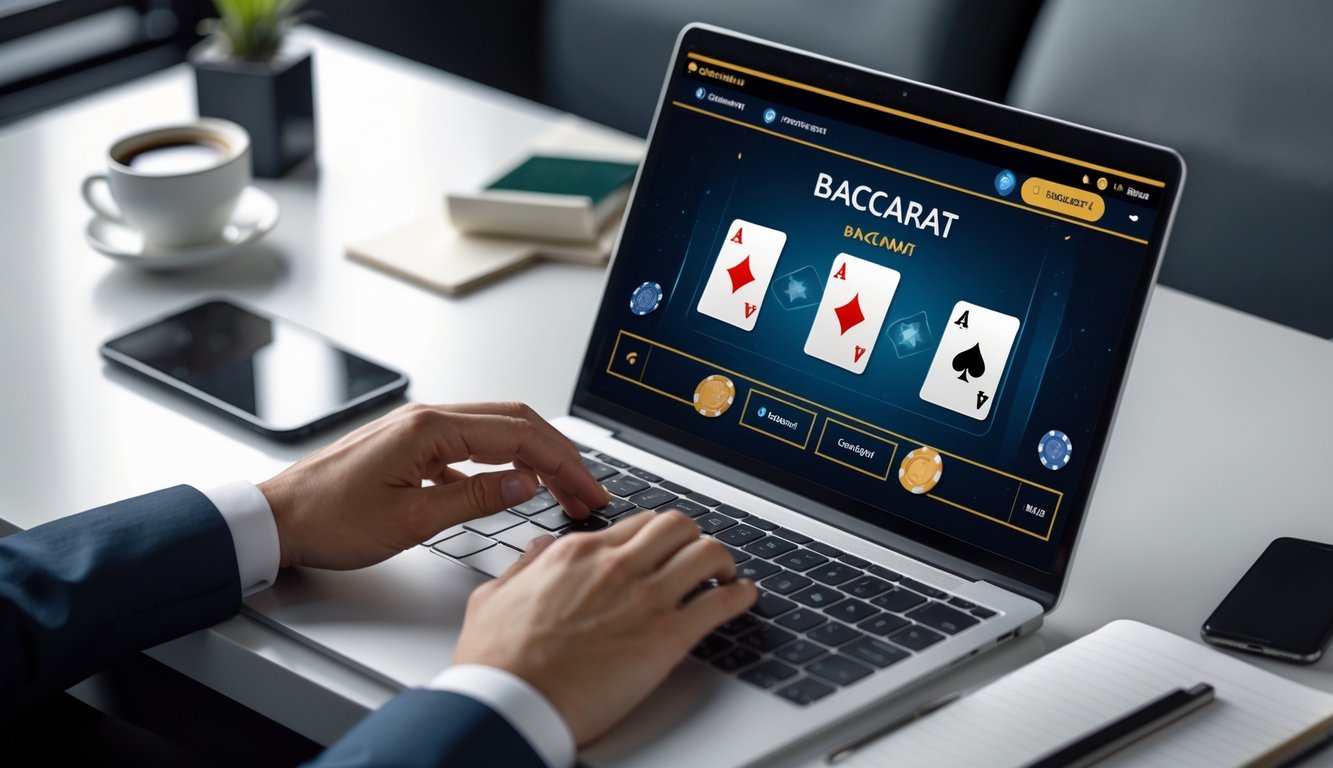 Seseorang menggunakan laptop untuk bermain baccarat online dengan suasana yang tenang dan rapi.