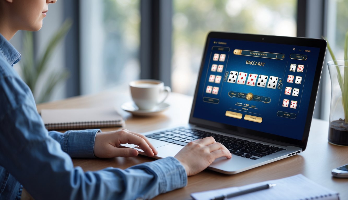 Seorang pemain pemula sedang duduk di depan laptop yang menampilkan permainan baccarat online dengan ekspresi fokus dan santai.
