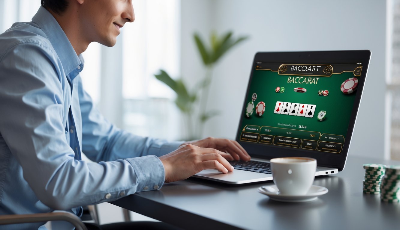 Seorang dewasa muda duduk di depan laptop dengan tampilan permainan baccarat online di layar, terlihat fokus dan santai di ruangan yang terang dan rapi.