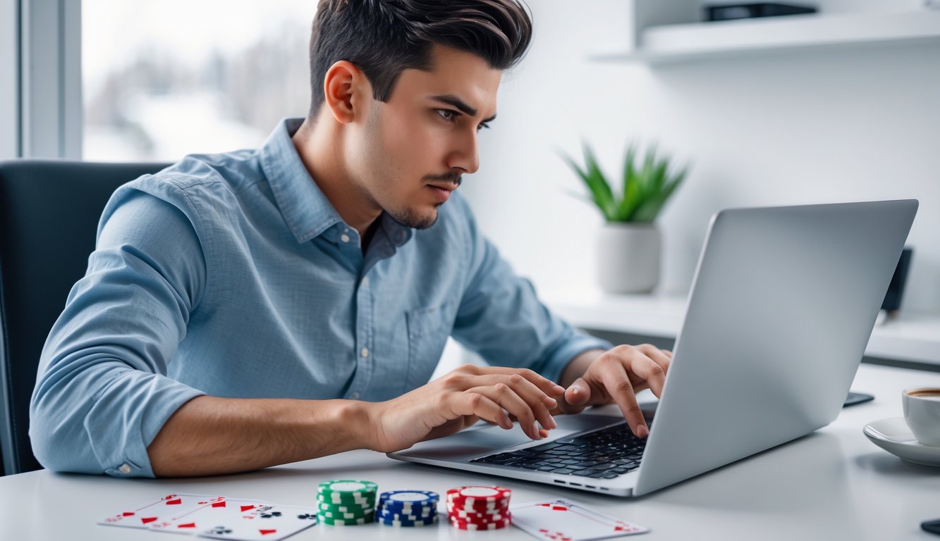 Seorang pria muda fokus bermain baccarat online menggunakan laptop di meja kerja yang rapi dengan beberapa chip poker dan kartu di dekatnya.